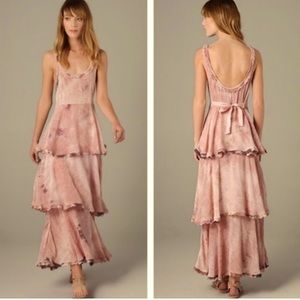 RARE Rose Quartz Gold Free People ~ New Romantics Dress 🌸 ✨ Tiered Hippie XS